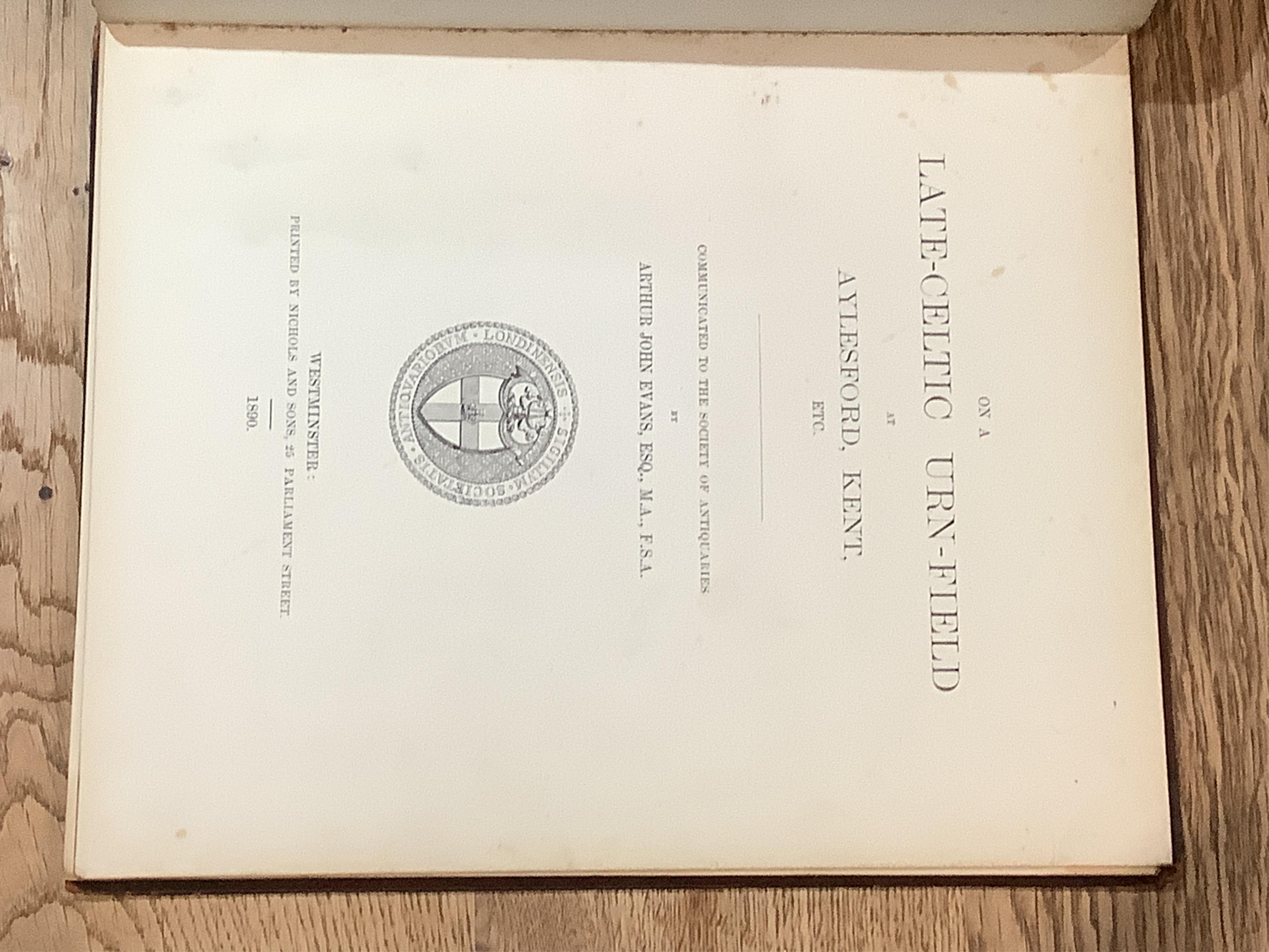 Clarke, William – The Connexion of the Romans, Saxon and English Coins, London 1771; Evans, A.J., On A Late-Celtic Urn-Field at Aylesford, Kent, 1890; Pettingal, John. A Dissertation upon the Tascia, or Legend on the Bri